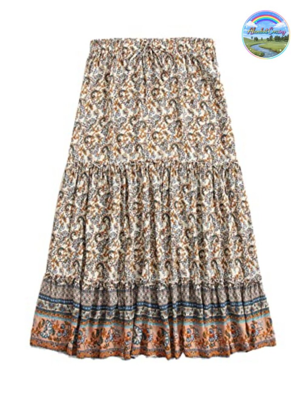 Boho Floral Print Tiered Maxi Skirt A-Line Lightweight Summer Elastic Waist